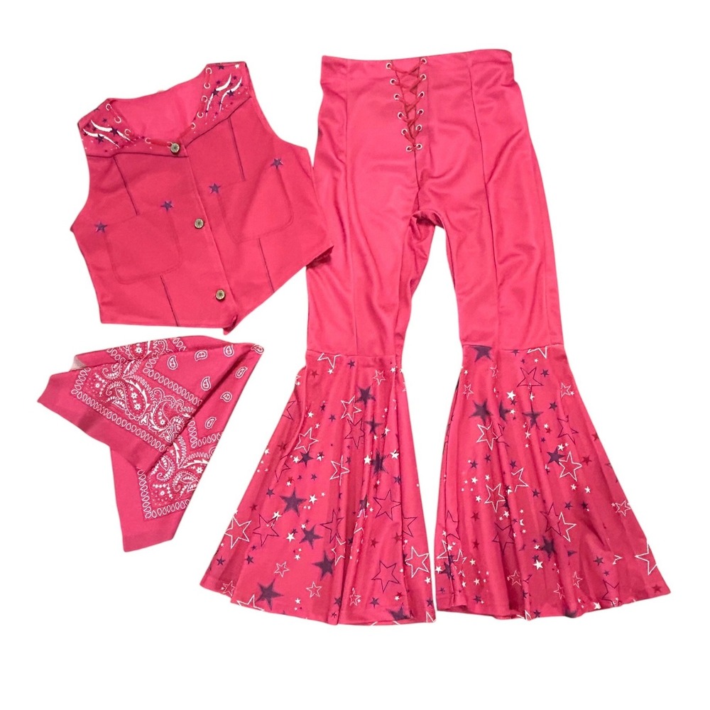 Barbie The Movie Western Cowgirl Costume Hot Pink Star Vest Flare Pants